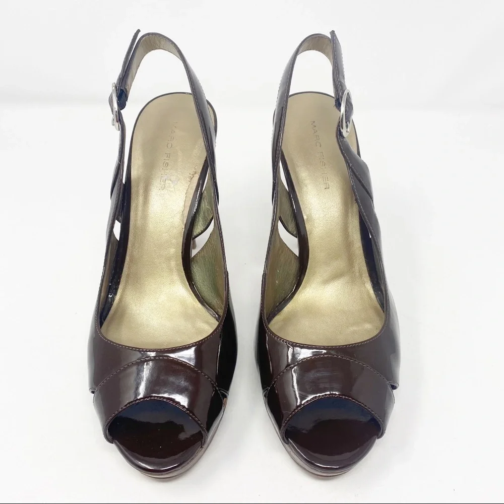 MARC FISHER Open Toe Patent Leather Platforms 8